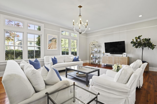 2060 Wappoo Hall Rd, Charleston, SC 29412 - living area with a chandelier, ornamental molding, dark wood-type flooring, baseboards, and recessed lighting
