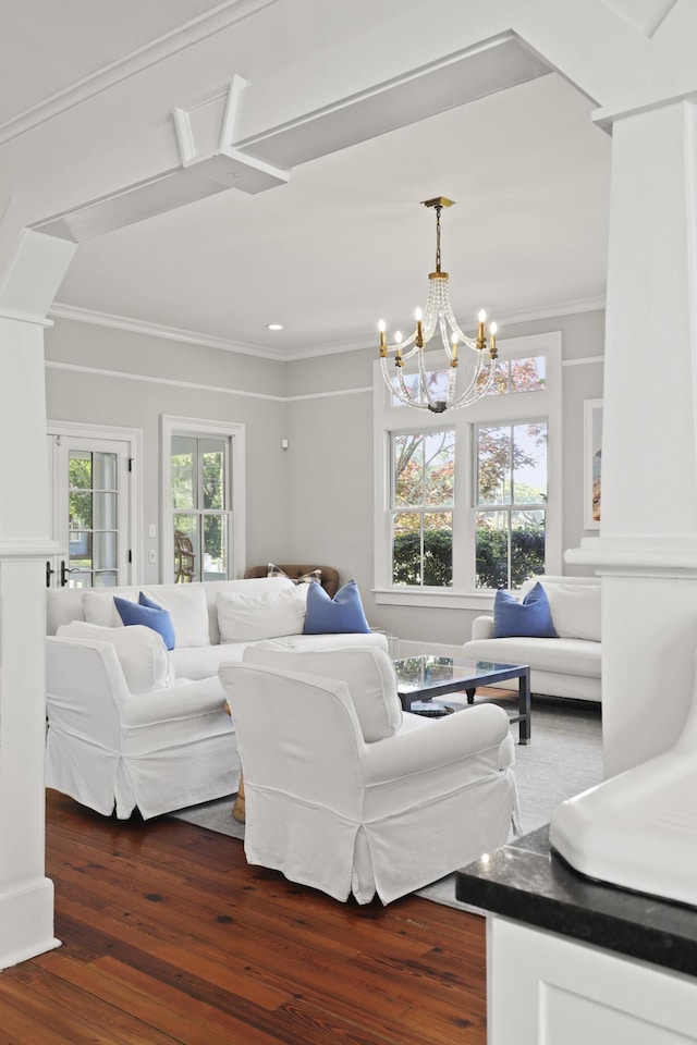 2060 Wappoo Hall Rd, Charleston, SC 29412 - living area with dark wood-type flooring, crown molding, and a chandelier