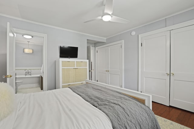 2060 Wappoo Hall Rd, Charleston, SC 29412 - bedroom featuring wood finished floors, crown molding, ensuite bath, two closets, and a ceiling fan