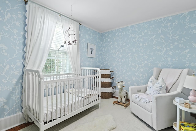2060 Wappoo Hall Rd, Charleston, SC 29412 - bedroom with a crib and wallpapered walls