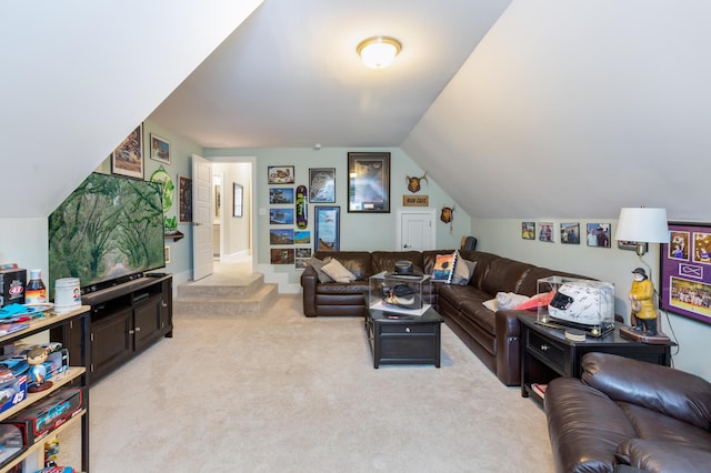 living room featuring light carpet and lofted ceiling