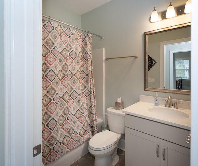 full bathroom featuring vanity, shower / bath combination with curtain, and toilet