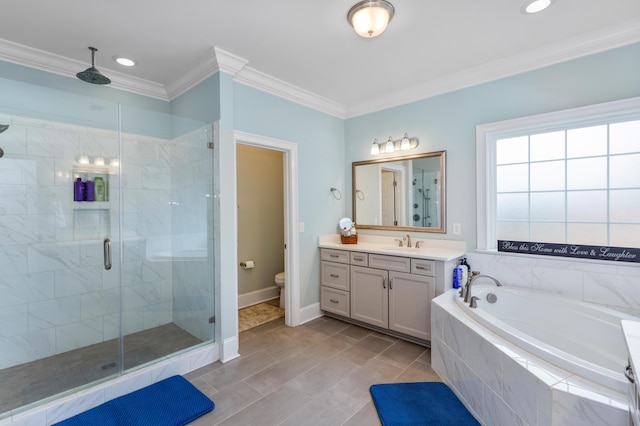 bathroom with tile patterned flooring, vanity, independent shower and bath, and ornamental molding