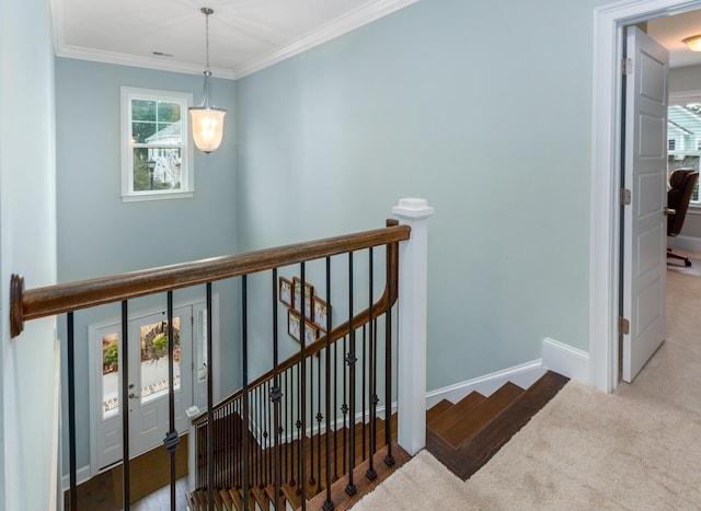 staircase with carpet flooring, crown molding, and a wealth of natural light