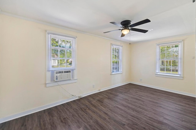 empty room with ornamental molding, hardwood / wood-style floors, cooling unit, and ceiling fan