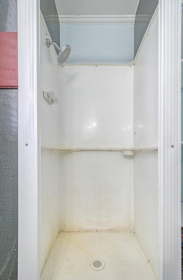 bathroom featuring a shower and crown molding