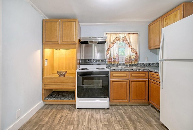 kitchen featuring hardwood / wood-style floors, exhaust hood, white appliances, and sink