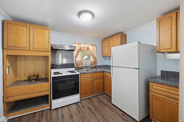 kitchen with extractor fan, white appliances, crown molding, sink, and dark hardwood / wood-style floors