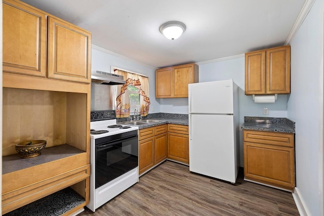 kitchen featuring dark wood-type flooring, white appliances, sink, extractor fan, and crown molding