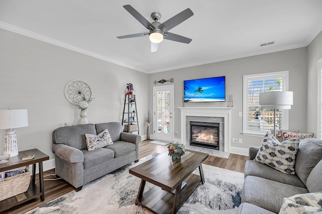 1173 Triple Crown Ct, Mount Pleasant, SC 29429 - living area with wood finished floors, a high end fireplace, visible vents, ceiling fan, and ornamental molding