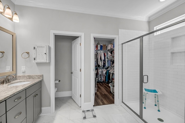 1173 Triple Crown Ct, Mount Pleasant, SC 29429 - bathroom featuring marble finish floor, vanity, crown molding, and a shower stall