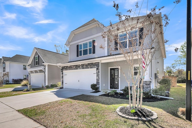 1173 Triple Crown Ct, Mount Pleasant, SC 29429 - traditional-style home featuring stone siding, concrete driveway, an attached garage, board and batten siding, and a front lawn