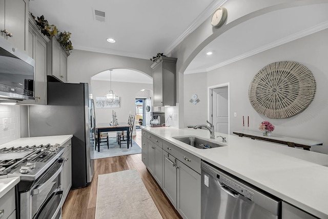 1173 Triple Crown Ct, Mount Pleasant, SC 29429 - kitchen featuring a sink, gray cabinetry, arched walkways, and appliances with stainless steel finishes