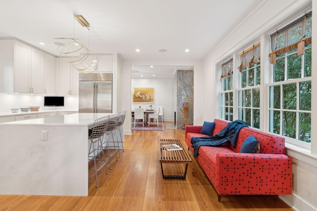 living room featuring crown molding and light hardwood / wood-style floors