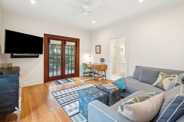 living room with crown molding, french doors, ceiling fan, and hardwood / wood-style flooring