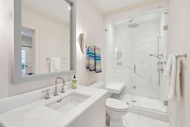 bathroom featuring vanity, an enclosed shower, ornamental molding, and toilet