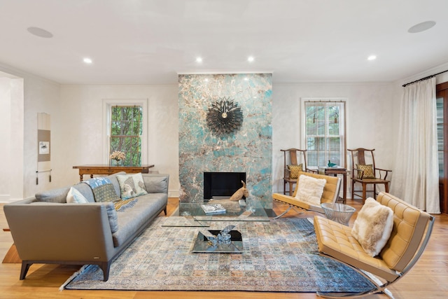 living room with crown molding, a fireplace, and light wood-type flooring