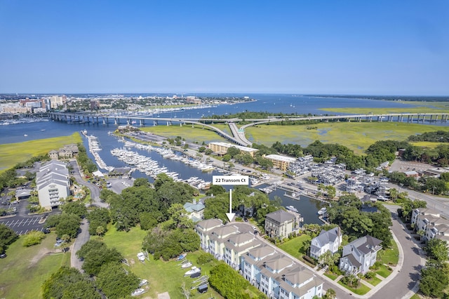 drone / aerial view with a water view