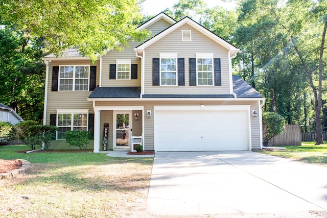 traditional-style house with concrete driveway, a garage, and a shingled roof