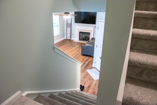 staircase with baseboards, wood finished floors, ceiling fan, and a fireplace with flush hearth
