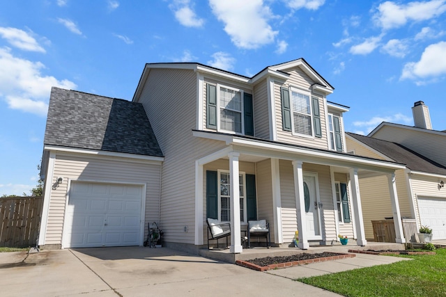 view of front of property featuring a porch and a garage