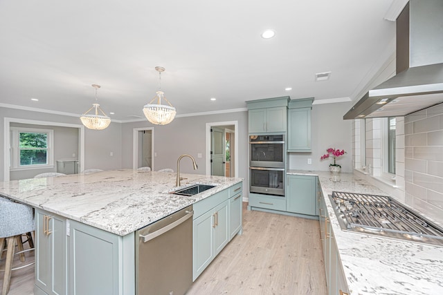 881 Evans Rd, Charleston, SC 29412 - kitchen with appliances with stainless steel finishes, a sink, wall chimney exhaust hood, crown molding, and recessed lighting