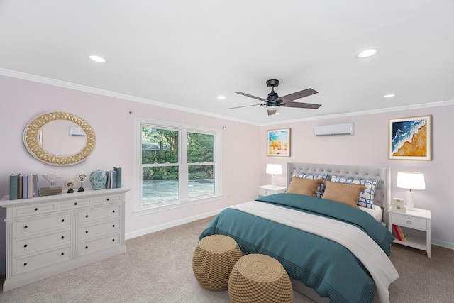 881 Evans Rd, Charleston, SC 29412 - carpeted bedroom with baseboards, a wall mounted AC, recessed lighting, crown molding, and a ceiling fan