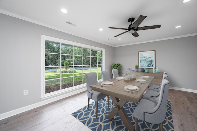 881 Evans Rd, Charleston, SC 29412 - dining space featuring ceiling fan, wood finished floors, ornamental molding, baseboards, and recessed lighting