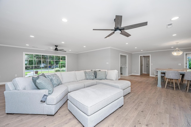 881 Evans Rd, Charleston, SC 29412 - living area featuring recessed lighting, ceiling fan, light wood-style floors, crown molding, and baseboards