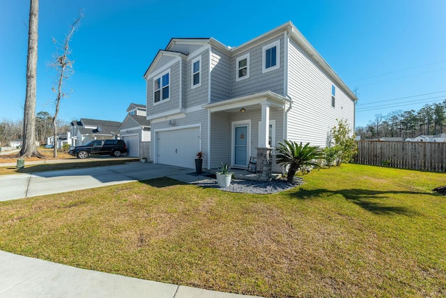 view of front of home with a front lawn, an attached garage, fence, and driveway