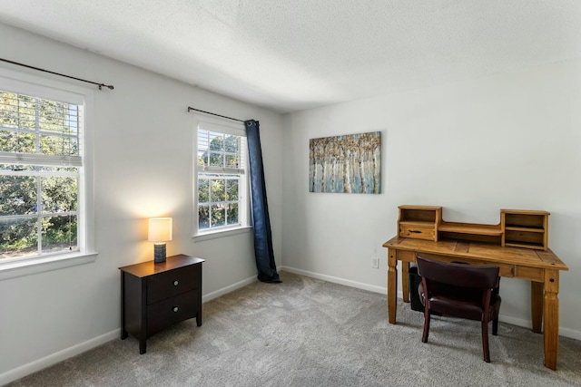 carpeted office space with a textured ceiling and baseboards