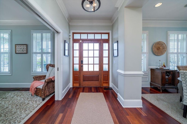 entryway featuring baseboards, dark wood-style flooring, and crown molding