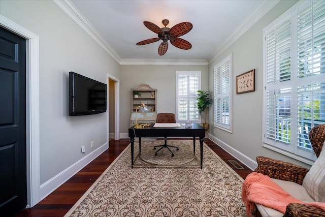 office area with ornamental molding, dark wood-style flooring, visible vents, and baseboards