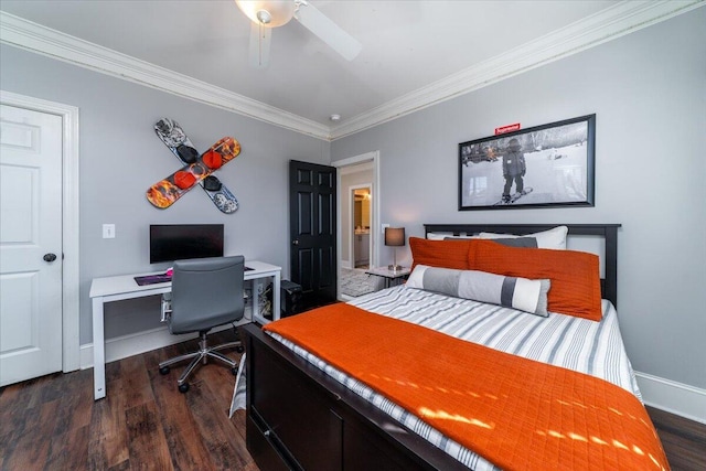 bedroom with ceiling fan, baseboards, ornamental molding, and dark wood finished floors