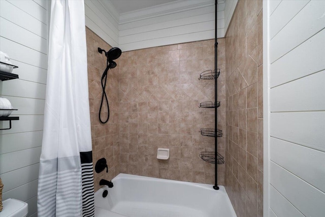 bathroom with shower / bathtub combination with curtain and toilet