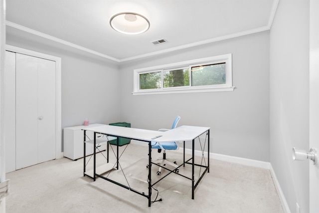 office space with carpet floors, ornamental molding, and baseboards
