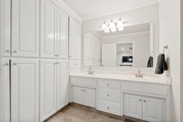 full bathroom with ornamental molding, double vanity, and connected bathroom