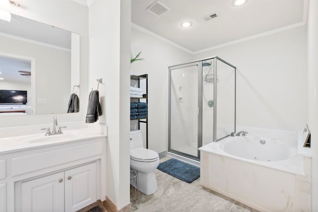 full bathroom featuring crown molding, a stall shower, toilet, a tub with jets, and vanity