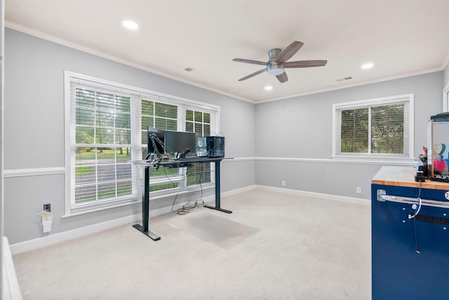 workout room featuring carpet floors, a ceiling fan, crown molding, baseboards, and recessed lighting