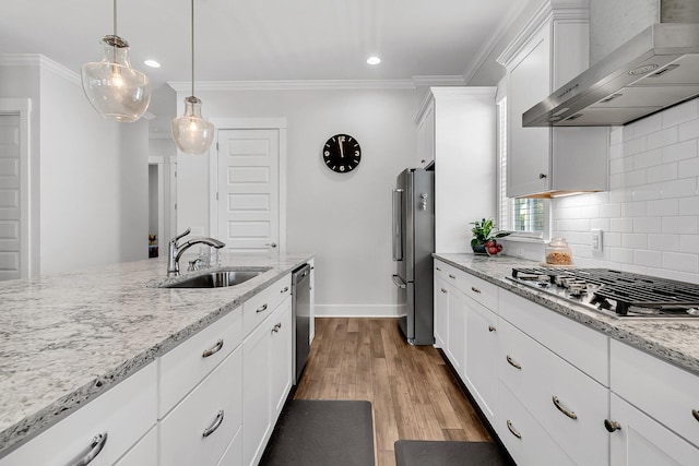 3529 Habenaria Rd Unit 33, Mount Pleasant, SC 29466 - kitchen featuring wall chimney exhaust hood, a sink, stainless steel appliances, ornamental molding, and tasteful backsplash