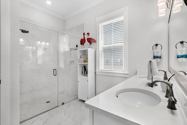 3529 Habenaria Rd Unit 33, Mount Pleasant, SC 29466 - bathroom with marble look tile flooring, double vanity, a shower stall, and crown molding