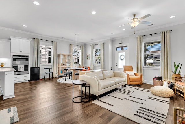 3529 Habenaria Rd Unit 33, Mount Pleasant, SC 29466 - living area with recessed lighting, ceiling fan, dark wood-style flooring, ornamental molding, and baseboards