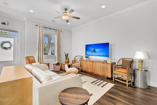 3529 Habenaria Rd Unit 33, Mount Pleasant, SC 29466 - living area featuring wood finished floors, ceiling fan, ornamental molding, and recessed lighting
