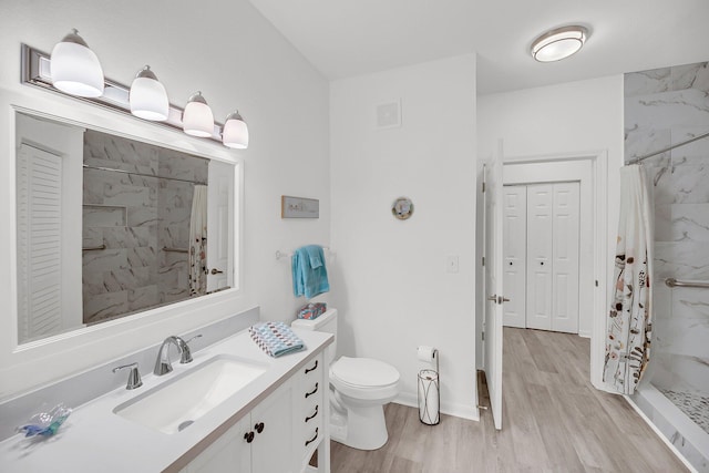 bathroom featuring a shower stall, toilet, wood finished floors, a closet, and vanity