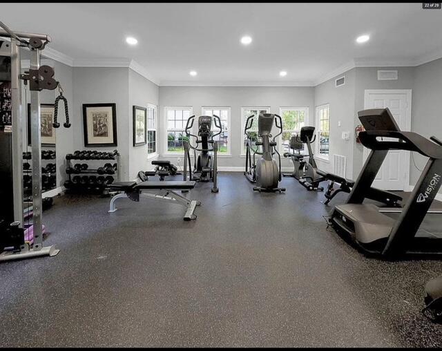 gym with visible vents, a healthy amount of sunlight, baseboards, and ornamental molding