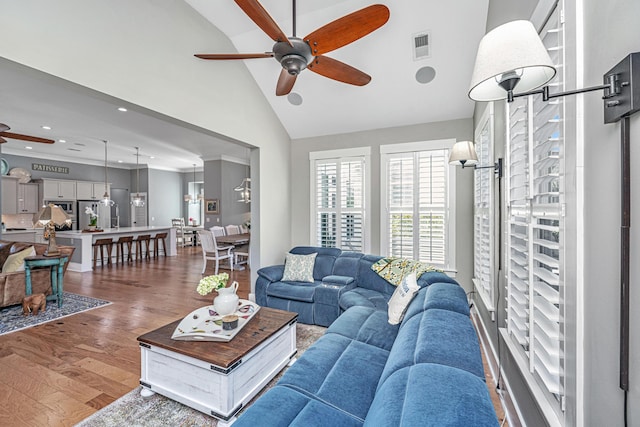 225 Camber Rd, Huger, SC 29450 - living area featuring ceiling fan, wood finished floors, high vaulted ceiling, and recessed lighting