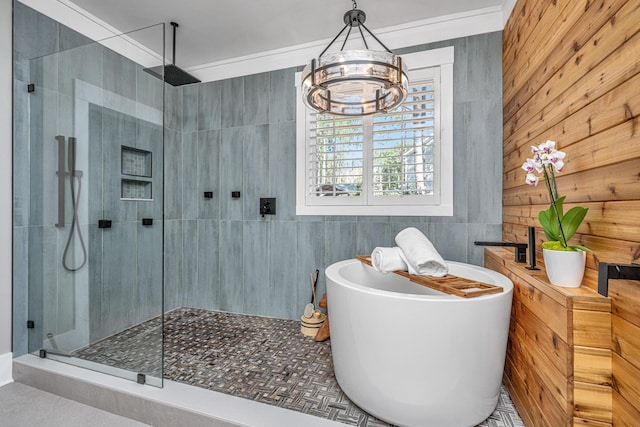 225 Camber Rd, Huger, SC 29450 - full bath with a tile shower, a freestanding tub, and a chandelier