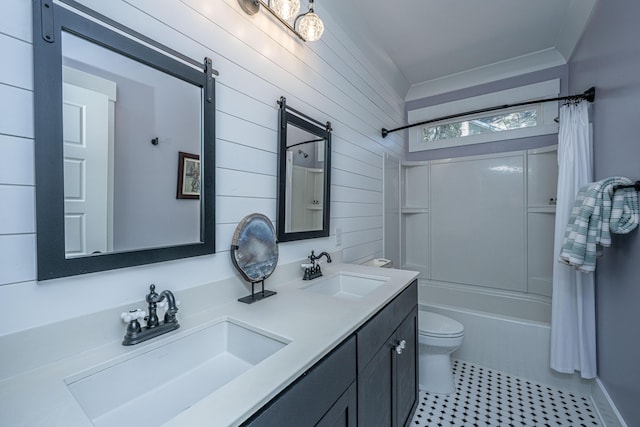 225 Camber Rd, Huger, SC 29450 - bathroom featuring double vanity, shower / bath combo, tile patterned floors, toilet, and wood walls