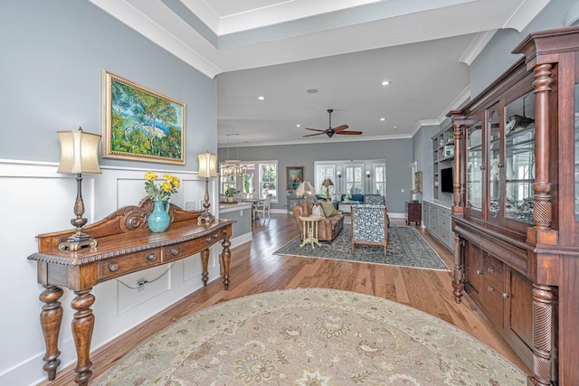 225 Camber Rd, Huger, SC 29450 - foyer with wood finished floors, ceiling fan, recessed lighting, and ornamental molding
