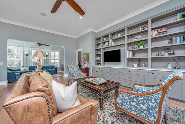225 Camber Rd, Huger, SC 29450 - living area featuring a ceiling fan, crown molding, light wood-style flooring, baseboards, and recessed lighting